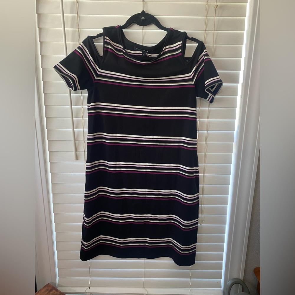 White House Black Market Black Striped Cold-Shoulder Mini Dress